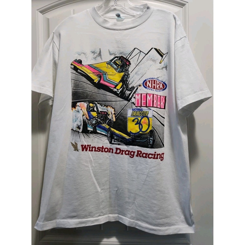 Vintage Alore NHRA Winston Drag Racing T-Shirt White XL Single Stitch 90s Tee